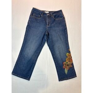 Coldwater Creek Embroidered Floral Crop Jeans Womens 10 Blue Beaded Boho